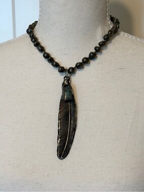 Turquoise Feather Pendant Necklace Buffalo Nickel Loop Clasp Western Chic